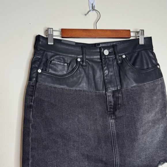 Blank NYC Vegan Leather & Denim Patchwork Mini Skirt in Black NWT Size 28 - Picture 3 of 10